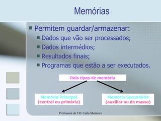 Memórias Permitem guardar/armazenar: Dados que vão ser processados; Dados intermédios; Resultados finais; Programas que estão a ser executados. Professora de TIC Carla Monteiro Memória Principal (central ou primária) Dois tipos de memória Memória Secundária (auxiliar ou de massa) 