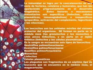 La inmunidad se logra por la concatenación de una serie de factores, celulares y humorales, que han ido apareciendo progresivamente en el desarrollo filogenético.  Estos factores o mecanismos inmunitarios son específicos (linfocitos, células plasmáticas, inmunoglobulinas) e inespecíficos (properdina, activación del complemento, fagocitosis y las citocinas).  Los leucocitos son las unidades móviles del sistema protector del organismo.  SE forman en parte en la médula ósea (los granulocitos y los monocitos y unos pocos linfocitos), y en parte en el tejido linfático (linfocitos y las células plasmáticas).  En la sangre se encuentran seis tipos de leucocitos: Neutrófilos polimorfonucleares Eosinófilos polimorfonucleares Basófilos polimorfonucleares Monocitos Linfocitos Células plasmáticas Las plaquetas son fragmentos de un séptimo tipo de leucocito que se encuentra en la médula ósea, el megacariocito. 