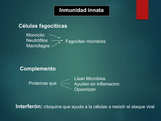 Células fagocíticas
Monocito
Neutrófilos
Macrofagos
Fagocitan microbios
Complemento
Proteínas que
Lisan Microbios
Ayudan en inflamacion
Opsonizan
Interferón: citoquina que ayuda a la células a resistir el ataque viral
Inmunidad innata
 