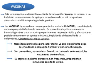 VACUNAS
Esta inmunización se desarrolla mediante la vacunación. Vacunar es inocular a un
individuo una suspensión de epítopos procedentes de un microorganismo
atenuado o modificado por ingeniería genética
Las VACUNAS desencadenan una respuesta inmunitaria HUMORAL, con síntesis de
anticuerpos y de linfocitos de memoria. Esto permite adquirir una memoria
inmunológica tras la vacunación que permite una respuesta rápida y eficaz ante un
posible contacto con un agente infeccioso, impidiendo el desarrollo de la
enfermedad. Características de las vacunas:
Necesitan algunos días para surtir efecto, ya que el organismo debe
desencadenar la respuesta humoral y fabricar anticuerpos.
Son preventivas, no curativas. Cuando se contrae la enfermedad, las
vacunas no tienen efecto.
Su efecto es bastante duradero. Con frecuencia, proporcionan
inmunidad para toda la vida.
 