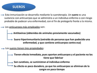 SUEROS
Esta inmunización se desarrolla mediante la sueroterapia. Un suero es una
sustancia con anticuerpos que se administra a un individuo enfermo o con riesgo
probable de padecer una enfermedad, con el fin de protegerlo frente a la misma.
Los anticuerpos más empleados son:
Antitoxinas (obtenidas de animales previamente vacunados)
Suero hiperinmunitario (extraído de personas que han padecido una
enfermedad, y que contiene anticuerpos contra esa)
Los sueros tienen tres propiedades:
Tienen efecto inmediato, pues aportan anticuerpos y el paciente no los
tiene que fabricar
Son curativos, se suministran al individuo enfermo
Su efecto es poco duradero, ya que los anticuerpos se eliminan de la
sangre en poco tiempo
 