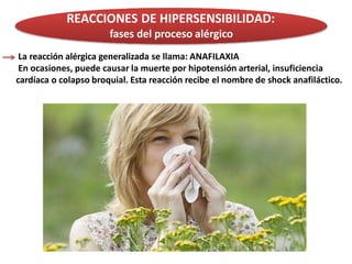 REACCIONES DE HIPERSENSIBILIDAD:
fases del proceso alérgico
La reacción alérgica generalizada se llama: ANAFILAXIA
En ocasiones, puede causar la muerte por hipotensión arterial, insuficiencia
cardíaca o colapso broquial. Esta reacción recibe el nombre de shock anafiláctico.
 