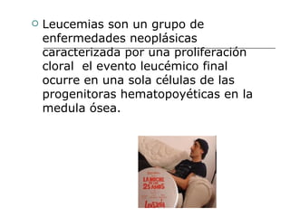 Leucemias son un grupo de enfermedades neoplásicas  caracterizada por una proliferación cloral  el evento leucémico final ocurre en una sola células de las progenitoras hematopoyéticas en la medula ósea. 