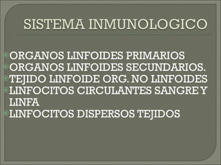 ORGANOS LINFOIDES PRIMARIOS ORGANOS LINFOIDES SECUNDARIOS. TEJIDO LINFOIDE ORG. NO LINFOIDES LINFOCITOS CIRCULANTES SANGRE Y LINFA LINFOCITOS DISPERSOS TEJIDOS  