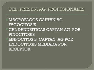 MACROFAGOS CAPTAN AG FAGOCITOSIS CEL DENDRITICAS CAPTAN AG  POR PINOCITOSIS LINFOCITOS B  CAPTAN  AG POR ENDOCITOSIS MEDIADA POR RECEPTOR.. 
