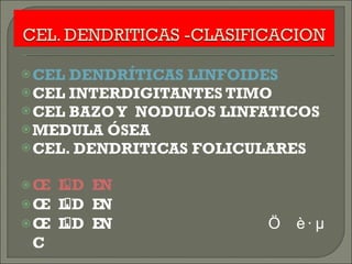 CEL DENDRÍTICAS LINFOIDES CEL INTERDIGITANTES TIMO CEL BAZO Y  NODULOS LINFATICOS MEDULA ÓSEA CEL. DENDRITICAS FOLICULARES     