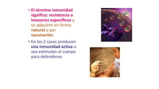 • El término inmunidad
significa: resistencia a
invasores específicos y
se adquiere en forma
natural o por
vacunación.
• En los 2 casos producen
una inmunidad activa o
sea estimulan al cuerpo
para defenderse.
 