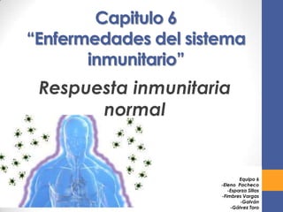 Capitulo 6
“Enfermedades del sistema
inmunitario”
Respuesta inmunitaria
normal
Equipo 6
-Eleno Pacheco
-Esparza Sillas
-Fimbres Vargas
-Galván
-Gálvez Toro
 