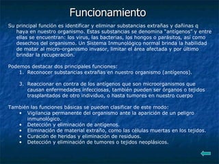Funcionamiento Su principal función es identificar y eliminar substancias extrañas y dañinas q haya en nuestro organismo. Estas substancias se denomina “antígenos” y entre ellas se encuentran: los virus, las bacterias, los hongos o parásitos, así como desechos del organismo. Un Sistema Inmunológico normal brinda la habilidad de matar al micro-organismo invasor, limitar el área afectada y por último brindar la recuperación. Podemos destacar dos principales funciones: Reconocer substancias extrañas en nuestro organismo (antígenos). Reaccionar en contra de los antígenos que son microorganismos que causan enfermedades infecciosas, también pueden ser órganos o tejidos trasplantados de otro individuo, o hasta tumores en nuestro cuerpo También las funciones básicas se pueden clasificar de este modo: Vigilancia permanente del organismo ante la aparición de un peligro inmunológico. Detección y eliminación de antígenos. Eliminación de material extraño, como las células muertas en los tejidos. Curación de heridas y eliminación de residuos. Detección y eliminación de tumores o tejidos neoplásicos. 