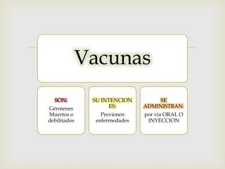 

Vacunas
SON:
Gérmenes
Muertos o
debilitados

SU INTENCION
ES:

SE
ADMINISTRAN:

Previenen
enfermedades

por vía ORAL O
INYECCION

 