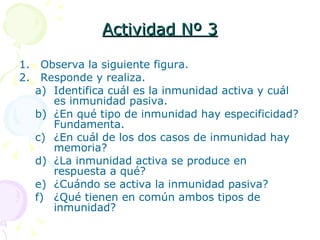 Actividad Nº 3 Observa la siguiente figura. Responde y realiza. Identifica cuál es la inmunidad activa y cuál es inmunidad pasiva. ¿En qué tipo de inmunidad hay especificidad? Fundamenta. ¿En cuál de los dos casos de inmunidad hay memoria? ¿La inmunidad activa se produce en respuesta a qué? ¿Cuándo se activa la inmunidad pasiva? ¿Qué tienen en común ambos tipos de inmunidad? 