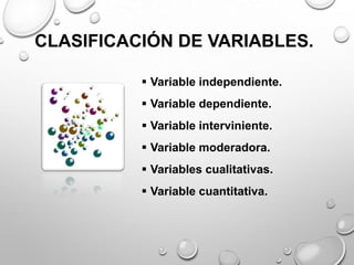 CLASIFICACIÓN DE VARIABLES.
 Variable independiente.
 Variable dependiente.
 Variable interviniente.
 Variable moderadora.
 Variables cualitativas.
 Variable cuantitativa.
 