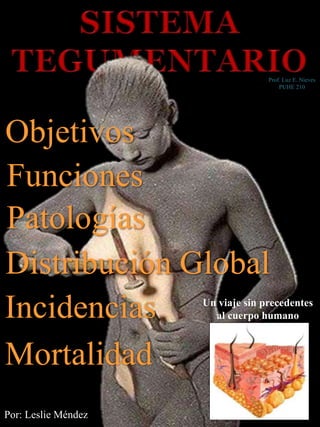 Un viaje sin precedentes
al cuerpo humano
Por: Leslie Méndez
Objetivos
Funciones
Patologías
Distribución Global
Incidencias
Mortalidad
Prof. Luz E. Nieves
PUHE 210
 