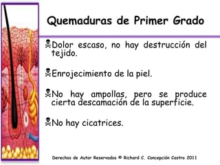 Quemaduras de Primer Grado

Dolor      escaso, no hay destrucción del
 tejido.

Enrojecimiento de la piel.
No   hay ampollas, pero se produce
 cierta descamación de la superficie.

No hay cicatrices.


 Derechos de Autor Reservados © Richard C. Concepción Castro 2011
 