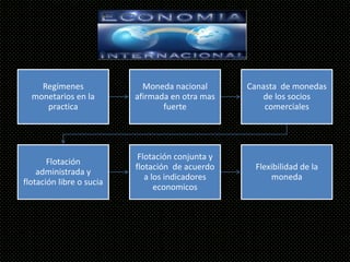 Regímenes               Moneda nacional       Canasta de monedas
  monetarios en la        afirmada en otra mas       de los socios
     practica                    fuerte               comerciales




                           Flotación conjunta y
       Flotación
                          flotación de acuerdo     Flexibilidad de la
    administrada y
                             a los indicadores         moneda
flotación libre o sucia
                                economicos
 