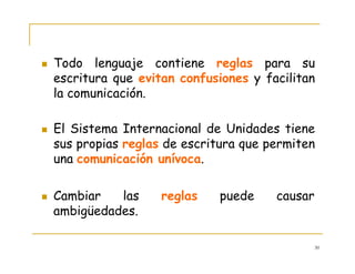 30
Todo lenguaje contiene reglas para su
escritura que evitan confusiones y facilitan
la comunicación.
El Sistema Internacional de Unidades tiene
sus propias reglas de escritura que permiten
una comunicación unívoca.
Cambiar las reglas puede causar
ambigüedades.
 