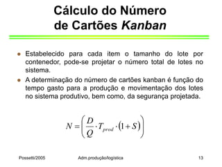 Possetti/2005 Adm.produção/logística 13
Cálculo do Número
de Cartões Kanban
 Estabelecido para cada item o tamanho do lote por
contenedor, pode-se projetar o número total de lotes no
sistema.
 A determinação do número de cartões kanban é função do
tempo gasto para a produção e movimentação dos lotes
no sistema produtivo, bem como, da segurança projetada.
 










 S
T
Q
D
N prod 1
 