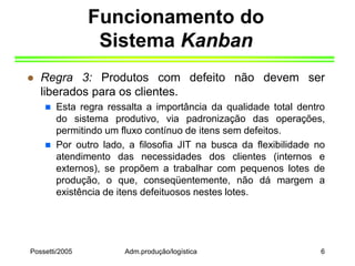 Possetti/2005 Adm.produção/logística 6
Funcionamento do
Sistema Kanban
 Regra 3: Produtos com defeito não devem ser
liberados para os clientes.
 Esta regra ressalta a importância da qualidade total dentro
do sistema produtivo, via padronização das operações,
permitindo um fluxo contínuo de itens sem defeitos.
 Por outro lado, a filosofia JIT na busca da flexibilidade no
atendimento das necessidades dos clientes (internos e
externos), se propõem a trabalhar com pequenos lotes de
produção, o que, conseqüentemente, não dá margem a
existência de itens defeituosos nestes lotes.
 