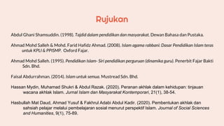 Rujukan
Abdul Ghani Shamsuddin. (1998). Tajdid dalam pendidikan dan masyarakat. Dewan Bahasa dan Pustaka.
Ahmad Mohd Salleh & Mohd. Farid Hafidz Ahmad. (2008). Islam agama rabbani: Dasar Pendidikan Islam teras
///// untuk KPLI & PPISMP. Oxford Fajar.
Ahmad Mohd Salleh. (1995). Pendidikan Islam- Siri pendidikan perguruan (dinamika guru). Penerbit Fajar Bakti
///// Sdn. Bhd.
Faisal Abdurrahman. (2014). Islam untuk semua. Mustread Sdn. Bhd.
Hassan Mydin, Muhamad Shukri & Abdul Razak. (2020). Peranan akhlak dalam kehidupan: tinjauan
wacana akhlak Islam. Jurnal Islam dan Masyarakat Kontemporari, 21(1), 38-54.
Hasbullah Mat Daud, Ahmad Yusuf & Fakhrul Adabi Abdul Kadir. (2020). Pembentukan akhlak dan
sahsiah pelajar melalui pembelajaran sosial menurut perspektif Islam. Journal of Social Sciences
and Humanities, 9(1), 75-89.
 