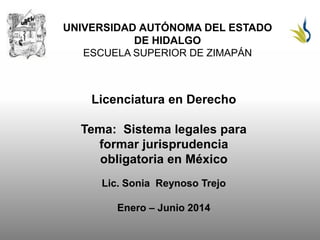 UNIVERSIDAD AUTÓNOMA DEL ESTADO
DE HIDALGO
ESCUELA SUPERIOR DE ZIMAPÁN
Licenciatura en Derecho
Tema: Sistema legales para
formar jurisprudencia
obligatoria en México
Lic. Sonia Reynoso Trejo
Enero – Junio 2014
 