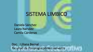 SISTEMA LIMBICO
Daniela Sánchez
Laura Narváez
Camila Cárdenas
Doc. : Liliana Bernal
Facultad de Psicología primer semestre
 