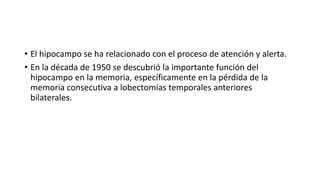 • El hipocampo se ha relacionado con el proceso de atención y alerta.
• En la década de 1950 se descubrió la importante función del
hipocampo en la memoria, específicamente en la pérdida de la
memoria consecutiva a lobectomías temporales anteriores
bilaterales.
 