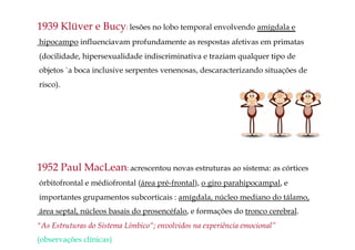 1939 Klüver e Bucy: lesões no lobo temporal envolvendo amígdala e
hipocampo influenciavam profundamente as respostas afetivas em primatas
(docilidade, hipersexualidade indiscriminativa e traziam qualquer tipo de
objetos `a boca inclusive serpentes venenosas, descaracterizando situações de
risco).
1952 Paul MacLean: acrescentou novas estruturas ao sistema: as córtices
órbitofrontal e médiofrontal (área pré-frontal), o giro parahipocampal, e
importantes grupamentos subcorticais : amígdala, núcleo mediano do tálamo,
área septal, núcleos basais do prosencéfalo, e formações do tronco cerebral.
"As Estruturas do Sistema Límbico“; envolvidos na experiência emocional”
(observações clínicas)
 