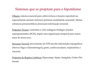 Sistemas que se projetam para o hipotálamo
Olfação: sistema essencial para sobrevivência e funções reprodutivas,
especialmente animais noturnos (primeira modalidade sensorial). Muitas
estruturas prosencefálicas processam informação sensorial.
Projeções Visuais: controlam o ciclo endógeno biológico (núcleo
supraquiasmático (SCH), impõe uma organização temporal para outras
áreas do neuro-eixo.
Sensação Visceral: provenientes do NTS (recebe informações topográficas
(Nervos Vago e Glossofaríngeo); gosto, cardiovasculares, respiratórias e
viscerais.
Projeções de Regiões Límbicas: Hipocampo, Septo, Amígdala, Córtex Pré-
frontal.
 