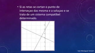 • Si as retas se cortan o punto de
interseçao das mesma e a soluçao e se
trata de um sistema compatibel
determinado.
Ivan Maniguari lomant
 