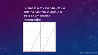 • Si, ambas retas sao paralelas, o
sistema nao tera soluçao e se
trata de um sistema
incompatibel
Ivan Maniguari lomant
 