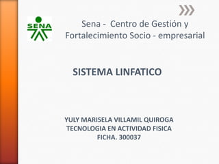 Sena - Centro de Gestión y
Fortalecimiento Socio - empresarial


  SISTEMA LINFATICO



YULY MARISELA VILLAMIL QUIROGA
TECNOLOGIA EN ACTIVIDAD FISICA
         FICHA. 300037
 