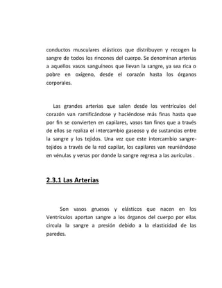 conductos musculares elásticos que distribuyen y recogen la
sangre de todos los rincones del cuerpo. Se denominan arterias
a aquellos vasos sanguíneos que llevan la sangre, ya sea rica o
pobre en oxígeno, desde el corazón hasta los órganos
corporales.
Las grandes arterias que salen desde los ventrículos del
corazón van ramificándose y haciéndose más finas hasta que
por fin se convierten en capilares, vasos tan finos que a través
de ellos se realiza el intercambio gaseoso y de sustancias entre
la sangre y los tejidos. Una vez que este intercambio sangre-
tejidos a través de la red capilar, los capilares van reuniéndose
en vénulas y venas por donde la sangre regresa a las aurículas .
2.3.1 Las Arterias
Son vasos gruesos y elásticos que nacen en los
Ventrículos aportan sangre a los órganos del cuerpo por ellas
circula la sangre a presión debido a la elasticidad de las
paredes.
 