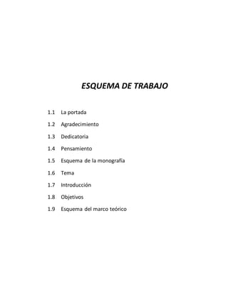 ESQUEMA DE TRABAJO
1.1 La portada
1.2 Agradecimiento
1.3 Dedicatoria
1.4 Pensamiento
1.5 Esquema de la monografía
1.6 Tema
1.7 Introducción
1.8 Objetivos
1.9 Esquema del marco teórico
 