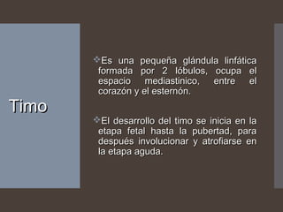 TimoTimo
Es una pequeña glándula linfáticaEs una pequeña glándula linfática
formada por 2 lóbulos, ocupa elformada por 2 lóbulos, ocupa el
espacio mediastinico, entre elespacio mediastinico, entre el
corazón y el esternón.corazón y el esternón.
El desarrollo del timo se inicia en laEl desarrollo del timo se inicia en la
etapa fetal hasta la pubertad, paraetapa fetal hasta la pubertad, para
después involucionar y atrofiarse endespués involucionar y atrofiarse en
la etapa aguda.la etapa aguda.
 
