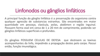 Linfonodos ou gânglios linfáticos
A principal função do gânglio linfático é a preservação do organismo contra
qualquer agressão de substancias estranhas. São encontrados em maior
quantidade em pescoço, clavícula, axilas, abdômen e região inguinal.
Possuem forma oval em cerca de 1 a 20 mm de comprimento, podendo ser
gânglios linfáticos superficiais e profundos.
Os gânglios POSSUEM CELULAS DE DEFESA que destroem as toxinas
acompanhantes da linfa, impedindo a propagação destes pelo corpo. Possui
então, função imunológica.
 