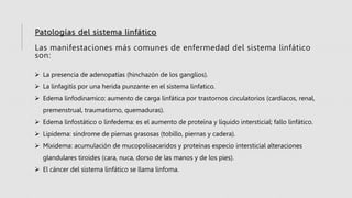 Patologías del sistema linfático
Las manifestaciones más comunes de enfermedad del sistema linfático
son:
 La presencia de adenopatías (hinchazón de los ganglios).
 La linfagitis por una herida punzante en el sistema linfatico.
 Edema linfodinamico: aumento de carga linfática por trastornos circulatorios (cardiacos, renal,
premenstrual, traumatismo, quemaduras).
 Edema linfostático o linfedema: es el aumento de proteína y líquido intersticial; fallo linfático.
 Lipidema: síndrome de piernas grasosas (tobillo, piernas y cadera).
 Mixidema: acumulación de mucopolisacaridos y proteínas especio intersticial alteraciones
glandulares tiroides (cara, nuca, dorso de las manos y de los pies).
 El cáncer del sistema linfático se llama linfoma.
 