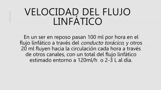 VELOCIDAD DEL FLUJO
LINFÁTICO
En un ser en reposo pasan 100 ml por hora en el
flujo linfático a través del conducto torácico, y otros
20 ml fluyen hacia la circulación cada hora a través
de otros canales, con un total del flujo linfático
estimado entorno a 120ml/h o 2-3 L al día.
 