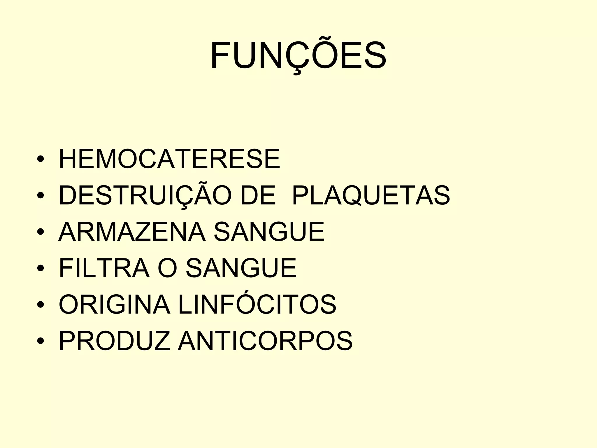FUNÇÕES HEMOCATERESE DESTRUIÇÃO DE  PLAQUETAS ARMAZENA SANGUE FILTRA O SANGUE ORIGINA LINFÓCITOS PRODUZ ANTICORPOS 