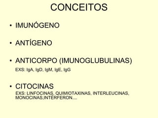 CONCEITOS IMUNÓGENO  ANTÍGENO  ANTICORPO (IMUNOGLUBULINAS) EXS: IgA, IgD, IgM, IgE, IgG CITOCINAS  EXS: LINFOCINAS, QUIMIOTAXINAS, INTERLEUCINAS, MONOCINAS,INTÉRFERON.... 