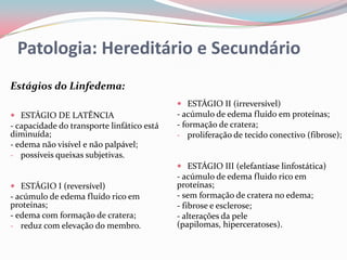 Patologia: Hereditário e Secundário
Estágios do Linfedema:
                                             ESTÁGIO II (irreversível)
 ESTÁGIO DE LATÊNCIA                       - acúmulo de edema fluído em proteínas;
- capacidade do transporte linfático está   - formação de cratera;
diminuída;                                  - proliferação de tecido conectivo (fibrose);
- edema não visível e não palpável;
- possíveis queixas subjetivas.
                                             ESTÁGIO III (elefantíase linfostática)
                                            - acúmulo de edema fluido rico em
 ESTÁGIO I (reversível)                    proteínas;
- acúmulo de edema fluído rico em           - sem formação de cratera no edema;
proteínas;                                  - fibrose e esclerose;
- edema com formação de cratera;            - alterações da pele
- reduz com elevação do membro.             (papilomas, hiperceratoses).
 