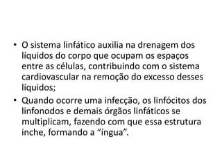 • O sistema linfático auxilia na drenagem dos 
líquidos do corpo que ocupam os espaços 
entre as células, contribuindo com o sistema 
cardiovascular na remoção do excesso desses 
líquidos; 
• Quando ocorre uma infecção, os linfócitos dos 
linfonodos e demais órgãos linfáticos se 
multiplicam, fazendo com que essa estrutura 
inche, formando a “íngua”. 
