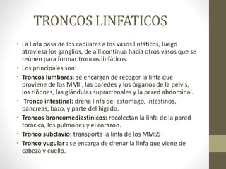 TRONCOS LINFATICOS
• La linfa pasa de los capilares a los vasos linfáticos, luego
atraviesa los ganglios, de allí continua hacia otros vasos que se
reúnen para formar troncos linfáticos.
• Los principales son:
• Troncos lumbares: se encargan de recoger la linfa que
proviene de los MMII, las paredes y los órganos de la pelvis,
los riñones, las glándulas suprarrenales y la pared abdominal.
• Tronco intestinal: drena linfa del estomago, intestinos,
páncreas, bazo, y parte del hígado.
• Troncos broncomediastinicos: recolectan la linfa de la pared
torácica, los pulmones y el corazón.
• Tronco subclavio: transporta la linfa de los MMSS
• Tronco yugular : se encarga de drenar la linfa que viene de
cabeza y cuello.
 