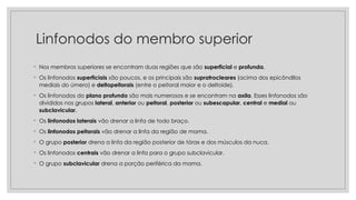 Linfonodos do membro superior
◦ Nos membros superiores se encontram duas regiões que são superficial e profunda.
◦ Os linfonodos superficiais são poucos, e os principais são supratrocleares (acima dos epicôndilos
mediais do úmero) e deltopeitorais (entre o peitoral maior e o deltoide).
◦ Os linfonodos do plano profundo são mais numerosos e se encontram na axila. Esses linfonodos são
divididos nos grupos lateral, anterior ou peitoral, posterior ou subescapular, central e medial ou
subclavicular.
◦ Os linfonodos laterais vão drenar a linfa de todo braço.
◦ Os linfonodos peitorais vão drenar a linfa da região de mama.
◦ O grupo posterior drena a linfa da região posterior de tórax e dos músculos da nuca.
◦ Os linfonodos centrais vão drenar a linfa para o grupo subclavicular.
◦ O grupo subclavicular drena a porção periférica da mama.
 