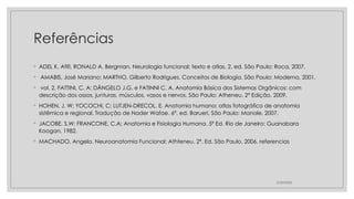 Referências
◦ ADEL K. Afifi, RONALD A. Bergman. Neurologia funcional: texto e atlas. 2. ed. São Paulo: Roca, 2007.
◦ AMABIS, José Mariano; MARTHO, Gilberto Rodrigues. Conceitos de Biologia. São Paulo: Moderna, 2001.
◦ vol. 2. FATTINI, C. A; DÂNGELO J.G. e FATINNI C. A. Anatomia Básica dos Sistemas Orgânicos: com
descrição dos ossos, junturas, músculos, vasos e nervos. São Paulo: Atheneu. 2ª Edição, 2009.
◦ HOHEN, J. W; YOCOCHI, C; LUTJEN-DRECOL. E. Anatomia humana: atlas fotográfico de anatomia
sistêmica e regional. Tradução de Nader Wafae. 6ª. ed. Barueri, São Paulo: Manole, 2007.
◦ JACOBE, S.W; FRANCONE, C.A; Anatomia e Fisiologia Humana. 5ª Ed. Rio de Janeiro: Guanabara
Koogan, 1982.
◦ MACHADO, Angelo. Neuroanatomia Funcional: Athteneu. 2ª. Ed. São Paulo, 2006. referencias
27/09/2025
 