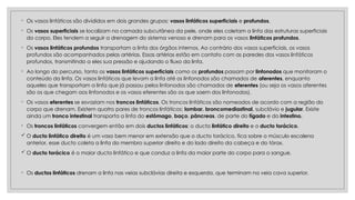 ◦ Os vasos linfáticos são divididos em dois grandes grupos: vasos linfáticos superficiais e profundos.
◦ Os vasos superficiais se localizam na camada subcutânea da pele, onde eles coletam a linfa das estruturas superficiais
do corpo. Eles tendem a seguir a drenagem do sistema venoso e drenam para os vasos linfáticos profundos.
◦ Os vasos linfáticos profundos transportam a linfa dos órgãos internos. Ao contrário dos vasos superficiais, os vasos
profundos são acompanhados pelas artérias. Essas artérias estão em contato com as paredes dos vasos linfáticos
profundos, transmitindo a eles sua pressão e ajudando o fluxo da linfa.
◦ Ao longo do percurso, tanto os vasos linfáticos superficiais como os profundos passam por linfonodos que monitoram o
conteúdo da linfa. Os vasos linfáticos que levam a linfa até os linfonodos são chamados de aferentes, enquanto
aqueles que transportam a linfa que já passou pelos linfonodos são chamados de eferentes (ou seja os vasos aferentes
são os que chegam aos linfonodos e os vasos eferentes são os que saem dos linfonodos).
◦ Os vasos eferentes se esvaziam nos troncos linfáticos. Os troncos linfáticos são nomeados de acordo com a região do
corpo que drenam. Existem quatro pares de troncos linfáticos: lombar, broncomediastinal, subclávio e jugular. Existe
ainda um tronco intestinal transporta a linfa do estômago, baço, pâncreas, de parte do fígado e do intestino.
◦ Os troncos linfáticos convergem então em dois ductos linfáticos: o ducto linfático direito e o ducto torácico.
 O ducto linfático direito é um vaso bem menor em extensão que o ducto torácico, fica sobre o músculo escaleno
anterior, esse ducto coleta a linfa do membro superior direito e do lado direito da cabeça e do tórax.
 O ducto torácico é o maior ducto linfático e que conduz a linfa da maior parte do corpo para o sangue.
◦ Os ductos linfáticos drenam a linfa nas veias subclávias direita e esquerda, que terminam na veia cava superior.
 