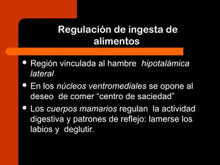 Regulación de ingesta de
alimentos
 Región vinculada al hambre hipotalámica
lateral
 En los núcleos ventromediales se opone al
deseo de comer “centro de saciedad”
 Los cuerpos mamarios regulan la actividad
digestiva y patrones de reflejo: lamerse los
labios y deglutir.
 