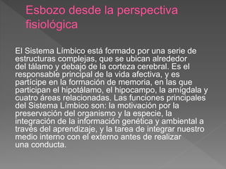 El Sistema Límbico está formado por una serie de
estructuras complejas, que se ubican alrededor
del tálamo y debajo de la corteza cerebral. Es el
responsable principal de la vida afectiva, y es
partícipe en la formación de memoria, en las que
participan el hipotálamo, el hipocampo, la amígdala y
cuatro áreas relacionadas. Las funciones principales
del Sistema Límbico son: la motivación por la
preservación del organismo y la especie, la
integración de la información genética y ambiental a
través del aprendizaje, y la tarea de integrar nuestro
medio interno con el externo antes de realizar
una conducta.
 