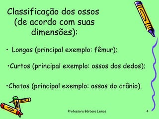 Classificação dos ossos
(de acordo com suas
dimensões):
• Longos (principal exemplo: fêmur);
•Curtos (principal exemplo: ossos dos dedos);
•Chatos (principal exemplo: ossos do crânio).

Professora Bárbara Lemos

4

 