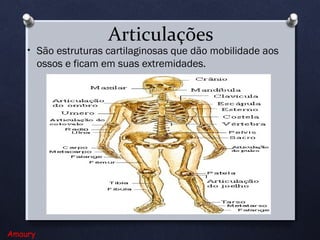 Articulações

• São estruturas cartilaginosas que dão mobilidade aos

ossos e ficam em suas extremidades.

Amaury

 