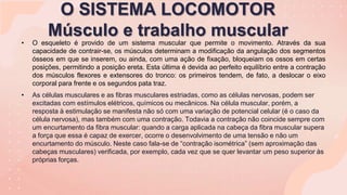 O SISTEMA LOCOMOTOR
Músculo e trabalho muscular
• O esqueleto é provido de um sistema muscular que permite o movimento. Através da sua
capacidade de contrair-se, os músculos determinam a modificação da angulação dos segmentos
ósseos em que se inserem, ou ainda, com uma ação de fixação, bloqueiam os ossos em certas
posições, permitindo a posição ereta. Esta última é devida ao perfeito equilíbrio entre a contração
dos músculos flexores e extensores do tronco: os primeiros tendem, de fato, a deslocar o eixo
corporal para frente e os segundos pata traz.
• As células musculares e as fibras musculares estriadas, como as células nervosas, podem ser
excitadas com estímulos elétricos, químicos ou mecânicos. Na célula muscular, porém, a
resposta à estimulação se manifesta não só com uma variação de potencial celular (é o caso da
célula nervosa), mas também com uma contração. Todavia a contração não coincide sempre com
um encurtamento da fibra muscular: quando a carga aplicada na cabeça da fibra muscular supera
a força que essa é capaz de exercer, ocorre o desenvolvimento de uma tensão e não um
encurtamento do músculo. Neste caso fala-se de “contração isométrica” (sem aproximação das
cabeças musculares) verificada, por exemplo, cada vez que se quer levantar um peso superior às
próprias forças.
 